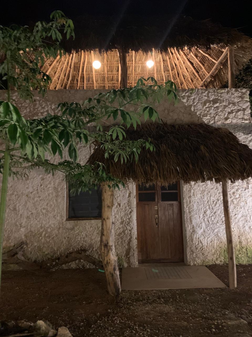 Fachada de casa rústica con techo de palma, puerta de madera y vegetación en la noche.